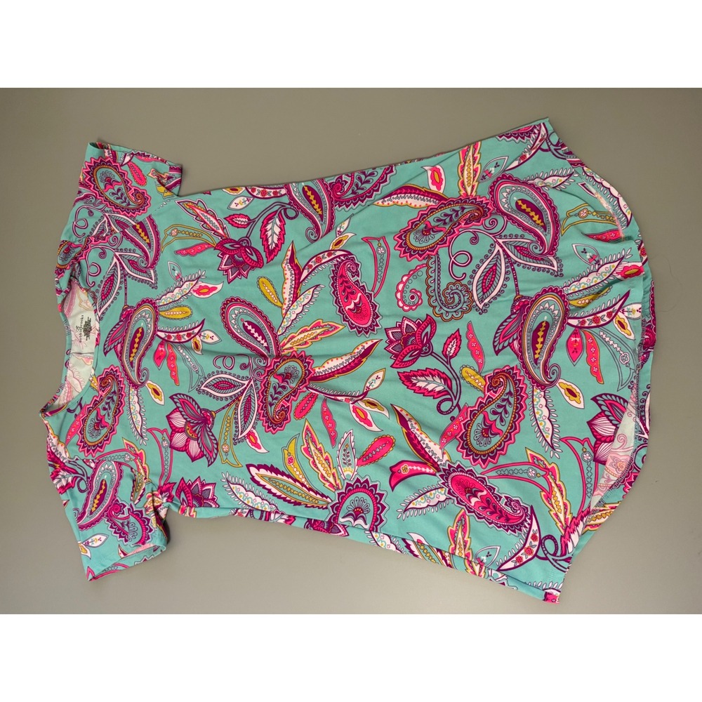 Bobbie Brooks Womens XL Paisley Print Short Sleeve Top Turquoise Pink Knit Tee